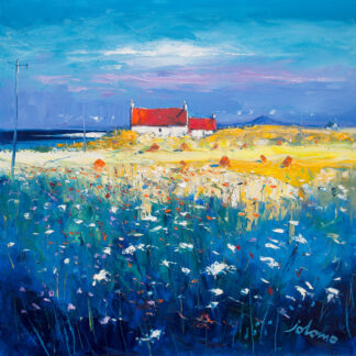 A vibrant painting of a coastal lighthouse scene with a field of flowers in the foreground and a blue sky above. By John Lawrie Morrison OBE